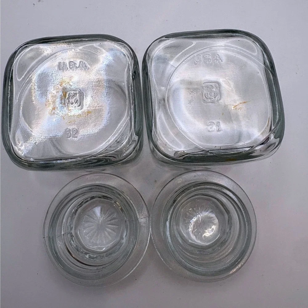 2 Vtg Anchor Hocking Mini Square Glass Canisters Starburst Glass-On-Glass Lids